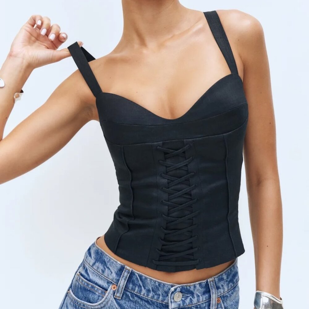 Reformation Black Lace-Up Corset Tank
